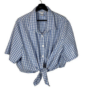 Blue White Gingham Button-Up Short Sleeve Shirt Checked Vintage Plus Size 24W